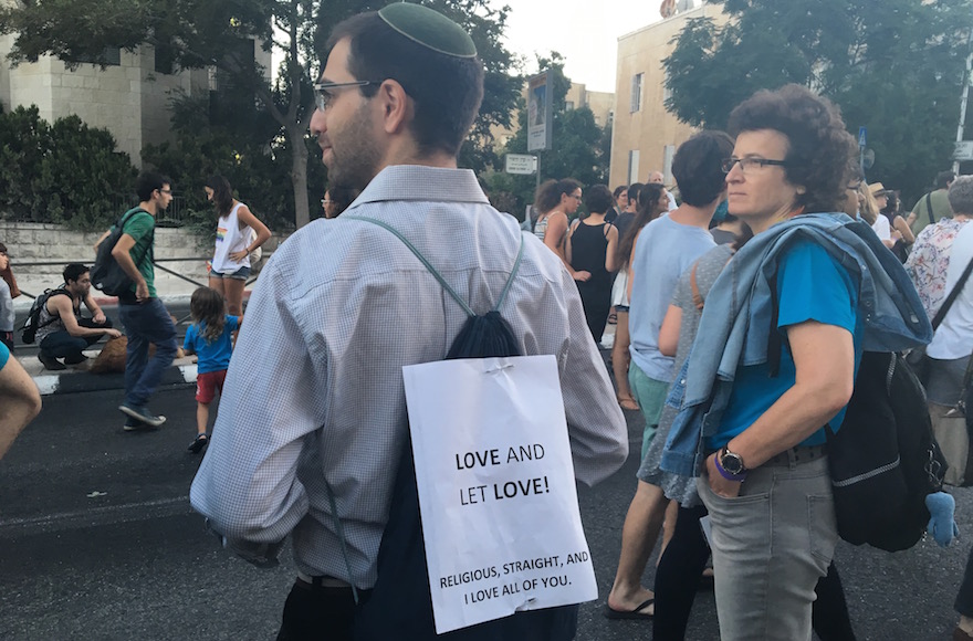 Emanuel Miller at the Jerusalem Pride Parade, July 21, 2016. (Andrew Tobin)