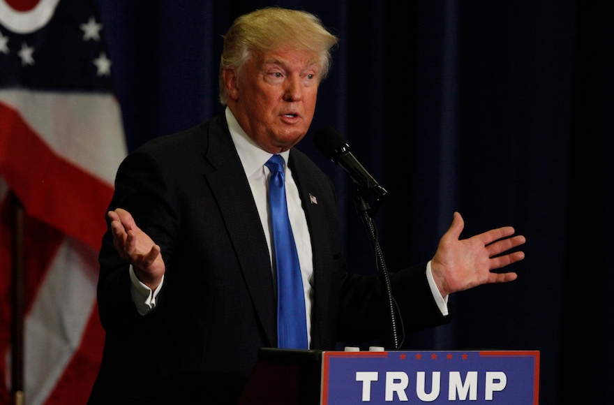 Donald Trump addressing the crowd during a campaign rally at the Sharonville Convention Center in Cincinnati, Ohio, July 6, 2016. (John Sommers II/Getty Images)