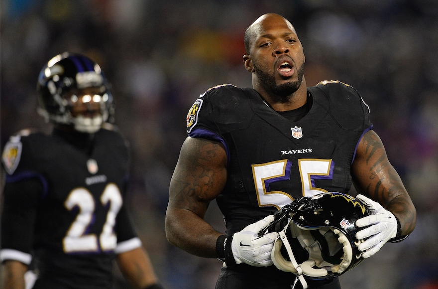 Linebacker Terrell Suggs of the Baltimore Ravens looking on against the Pittsburgh Steelers at M&T Bank Stadium in Baltimore, Md., Nov. 28, 2013. (Patrick Smith/Getty Images)