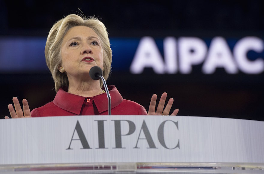 Hillary Clinton speaking during the American Israel Public Affairs Committee 2016 Policy Conference at the Verizon Center in Washington, DC, March 21, 2016. (Saul Loeb/AFP/Getty Images)