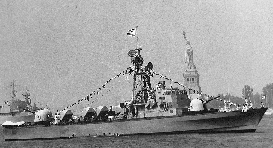 One of the two Israeli missile boats from Operation Sail in 1976 passing the Statue of Liberty. (Courtesy of Hadar Shalev)
