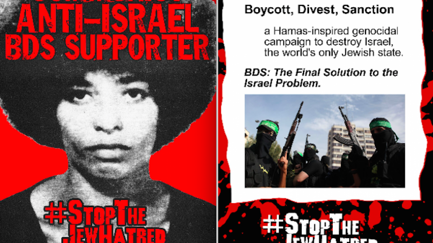 A poster placed on campuses by the David Horowitz Freedom Center beginning in February features an image of '60s-era radical Angela Davis and messages condemning the boycott movement against Israel. (David Horowitz Freedom Center)