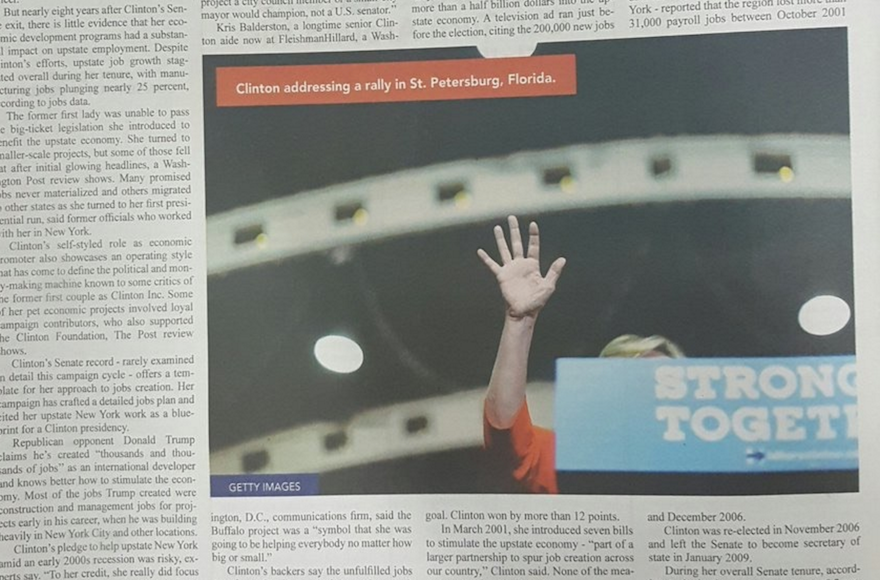 Monsey-based newspaper Yated Ne'eman published a picture of the Democratic presidential nominee taken at a Florida campaign rally. (Onlysimchas.org)