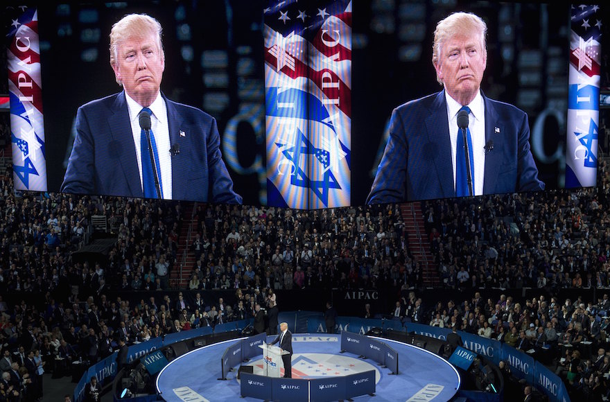 Donald Trump speaking at the American Israel Public Affairs Committee 2016 Policy Conference at the Verizon Center in Washington, DC, March 21, 2016. (Saul Loeb/AFP/Getty Images)