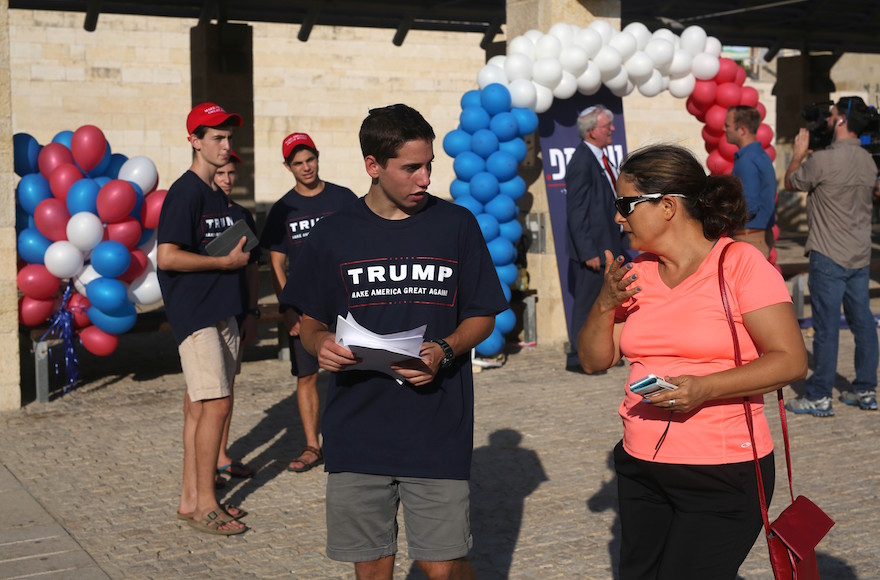 A youth wears a Donald Trump shirt at an Israeli branch of the Republican party in Modiin, Aug. 15, 2016. (Menahem Kahana/AFP/Getty Images)