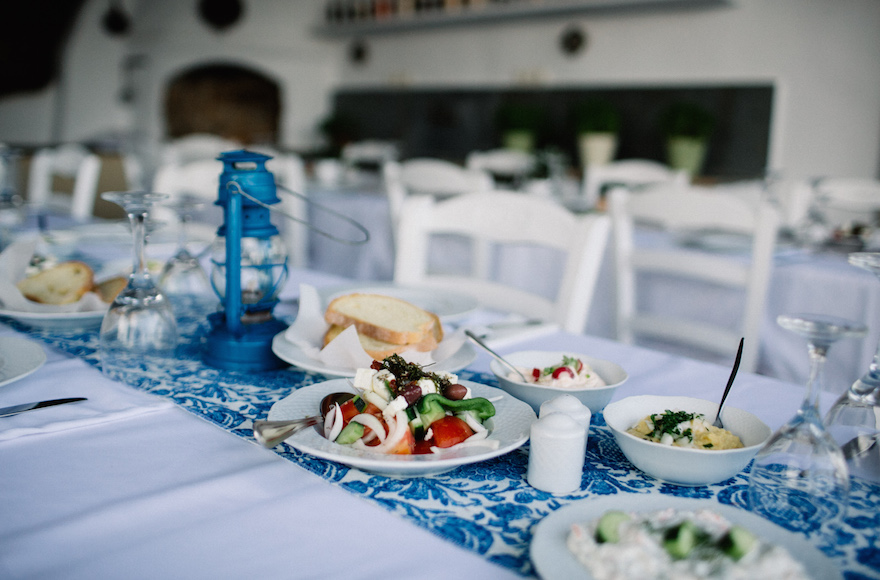 A spread of Greek food at an Israeli wedding in Tinos, Greece, June 23, 2016. (We Are Red)