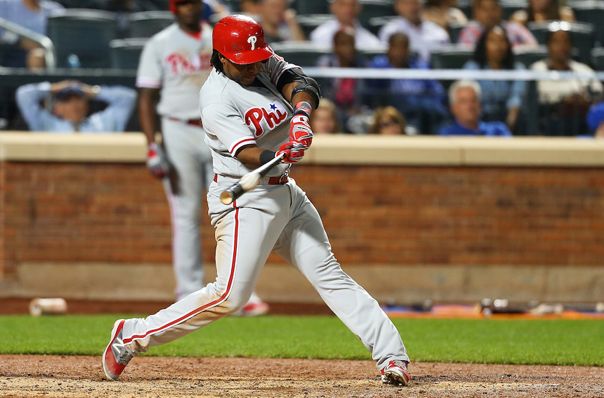 Maikel Franco of the Philadelphia Phillies hitting a home run against the New York Mets at Citi Field in New York, Sept. 22, 2016. (Mike Stobe/Getty Images)
