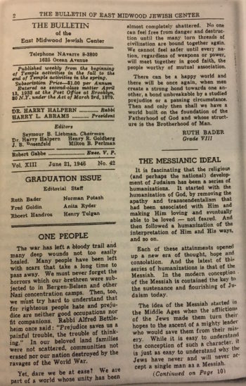 An essay written by a 13-year-old Ruth Bader Ginsburg in the East Midwood Jewish Center's bulletin ("My Own Words")