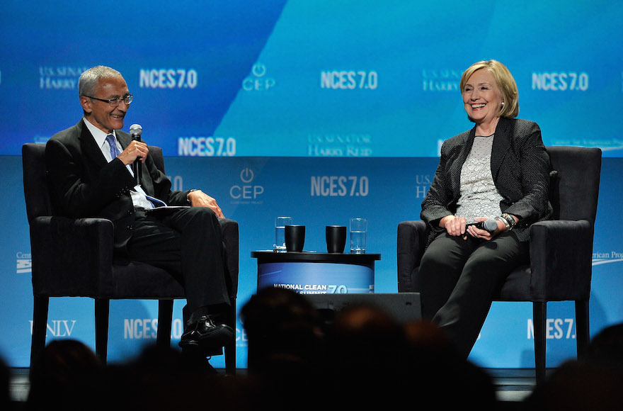 John Podesta and Hillary Clinton attending the National Clean Energy Summit 7.0 in Las Vegas, Sept. 4, 2014. (David Becker/Getty Images for National Clean Energy Summit)