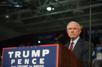 Alabama Senator Jeff Sessions pledging his commitment to Donald Trump at a rally at Ambridge Area Senior High School in Abridge, Penn., Oct. 10, 2016. (Jeff Swensen/Getty Images)