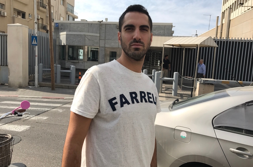 Haim Levy standing across the street from the U.S. Embassy in Tel Aviv, Nov. 14, 2016. (Andrew Tobin)