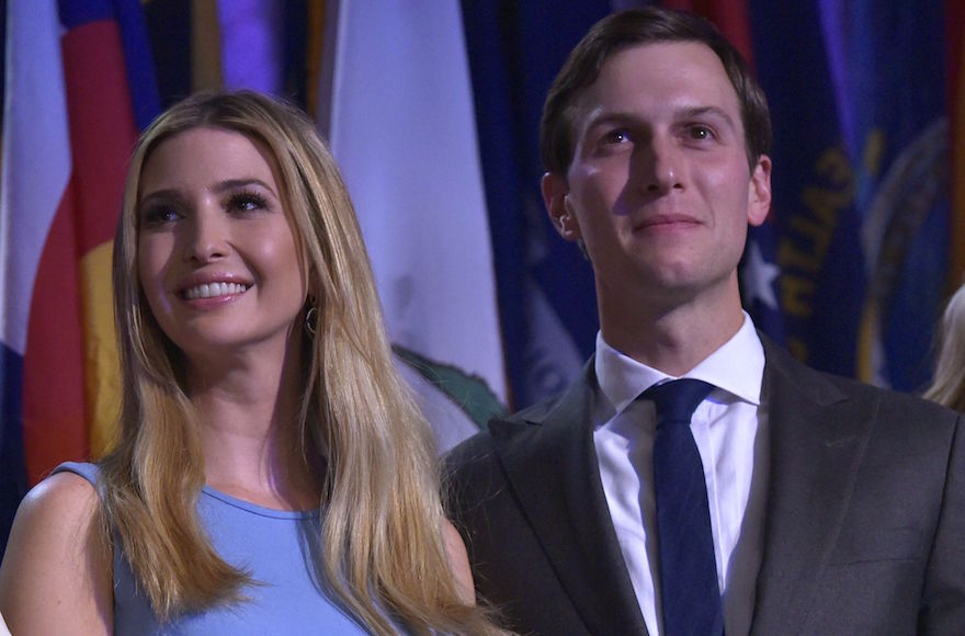Ivanka Trump and Jared Kushner listening as Donald Trump speaks during election night at the New York Hilton Midtown in New York City, Nov. 9, 2016. (Mandel Ngan/AFP/Getty Images)