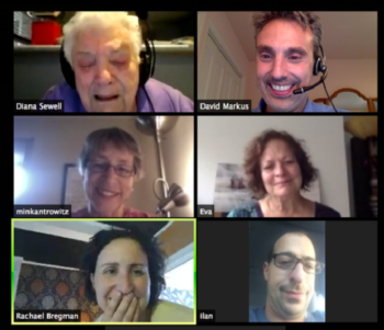 Diana Sewell, top left, speaking to her online beit din, including Rabbi Rachael Bregman, bottom left. (Courtesy of Rabbi David Markus)