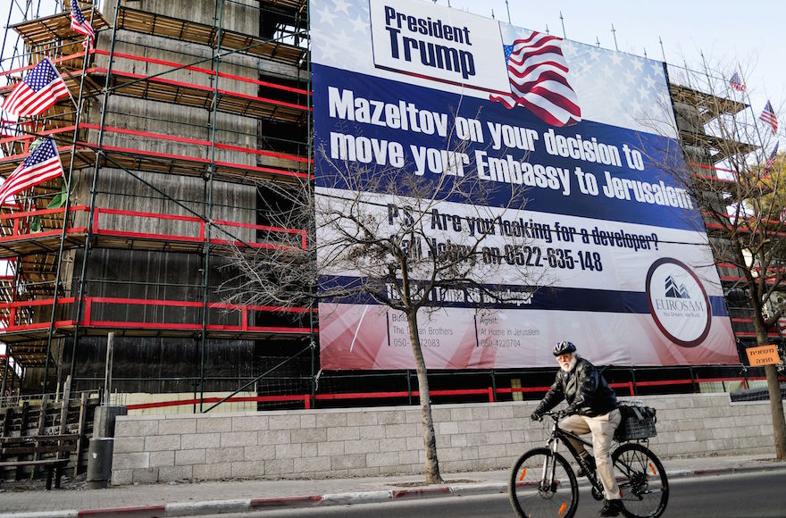 A banner seen in Jerusalem, Jan. 20, 2017. (Thomas Coex/AFP/Getty Images)