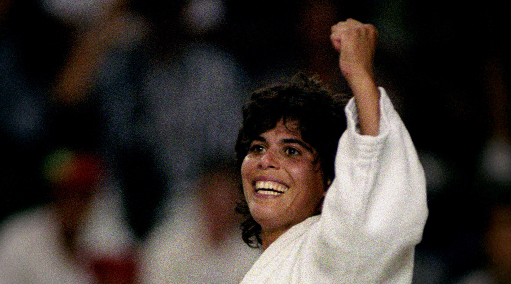 Yael Arad celebrates during a judo match