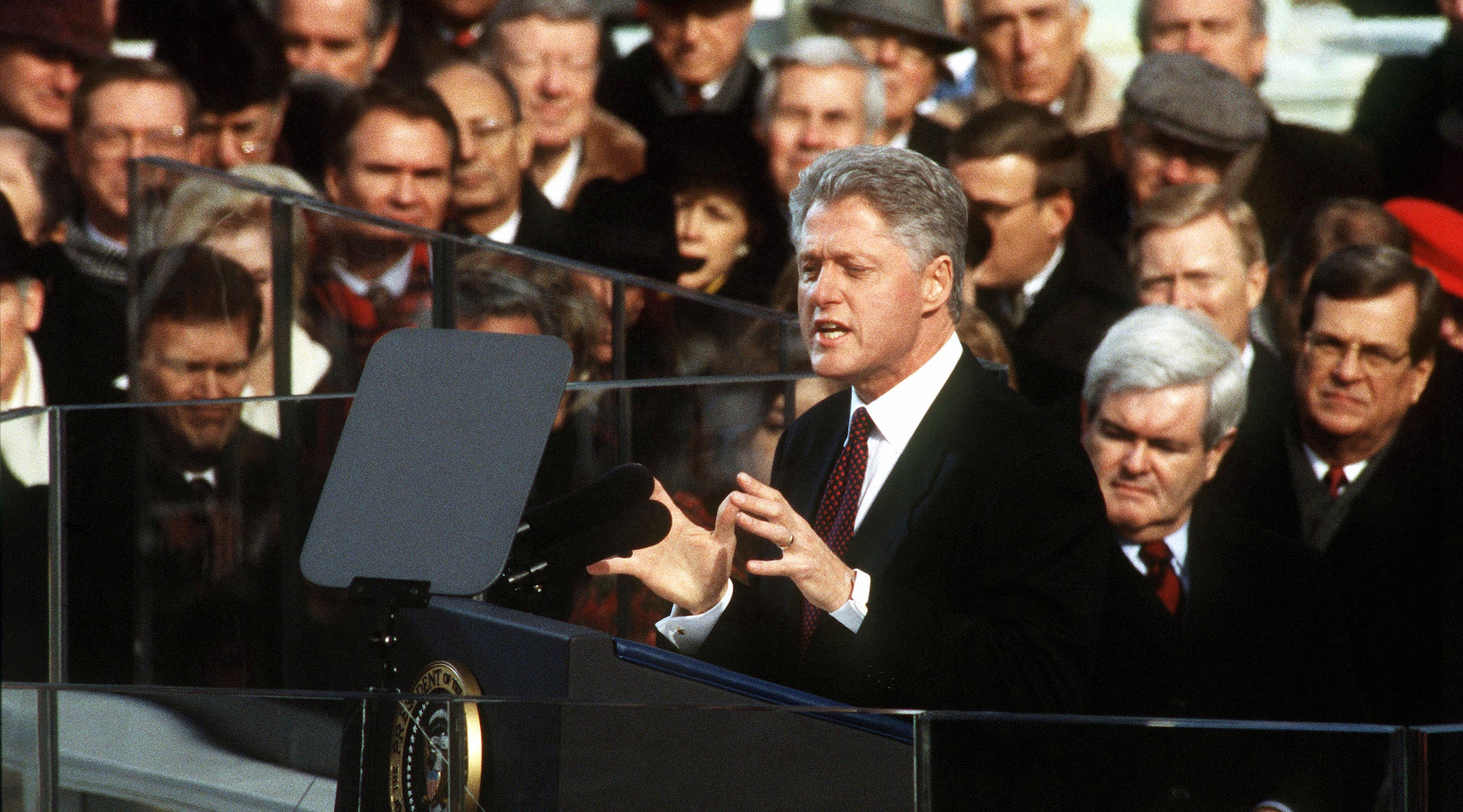 Bill Clinton gives his inaugural address in front of the capitol, Jan. 20, 1997. (AFIC/Wikimedia Commons)