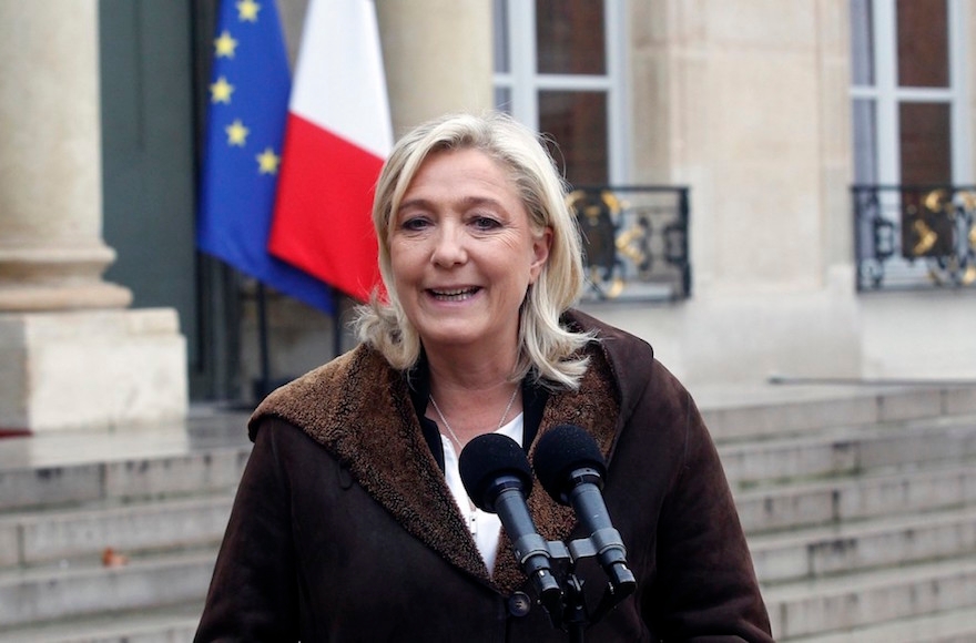 French far-right National Front leader Marine Le Pen talking to the media after a meeting with French President Francois Hollande two days after a deadly attack that occurred on January 7 by armed gunmen on the Paris offices of French satirical weekly newspaper Charlie Hebdo. (Thierry Chesnot/Getty Images)