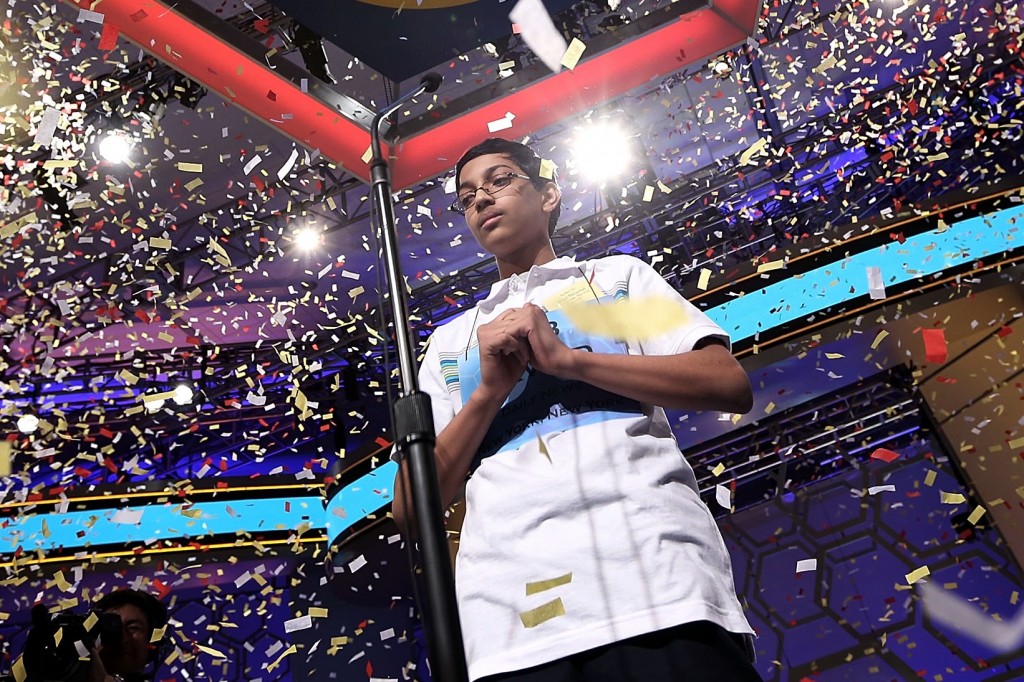 Confetti falling over Arvind Mahankali of Bayside Hills, N.Y., after he won the 2013 Scripps National Spelling Bee in National Harbor, Md., May 30, 2013. (Alex Wong/Getty Images) 