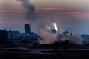The Iron Dome defense system firing missiles to intercept incoming rockets from Gaza in the port town of Ashdod, Nov. 15, 2012. (Tsafrir Abayov/Flash90)