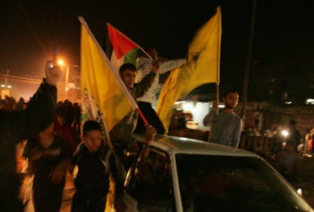 Palestinians celebrating in the streets of Gaza as Israel and Hamas agreed cease-fire to halt an eight-day conflict, Nov. 21, 2012. (Abed Rahim Khatib/Flash 90)