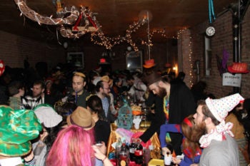 Chevra Ahavas Yisroel, a new synagogue in the Crown Heights section of Brooklyn shown here celebrating 2013 Purim, is breaking down stereotypes within the Chabad community. (Courtesy Chevra Ahavas Yisroel)