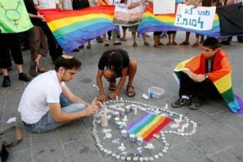 Mourners gather in Jerusalem's Zion Square on Aug. 2, 2009 to remember two young Israelis killed in a shooting at a Tel Aviv gay community center the previous evening. (Miriam Alster / Flash90 / JTA)