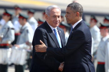Israeli Prime Minister Benjamin Netanyahu greeting President Obama at a welcome ceremony for the president at Ben Gurion Airport near Tel Aviv, March 20, 2013. (Miriam Alster / Flash90)