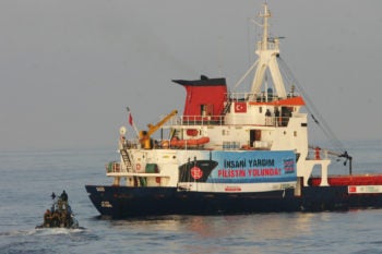The Israeli Navy, seen here approaching one of the ships from the 2010 Gaza-bound flotilla, clashed with activists aboard the Turkish-flagged Mavi Marmara on May 31 of that year in a confrontation that deepened the Turkey-Israel rift. (Moti Milrod/Flash90)