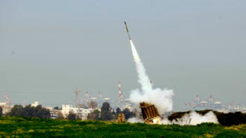Israel's Iron Dome defense system near the Israeli town of Ashdod has intercepted a volley of rockets fired by terrorist groups from the Gaza Strip area, March 11, 2012. (Flash90)