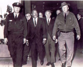 The late Rabbi Ralph Simon, then the president of the Rabbinical Assembly and father of Rabbi Matthew Simon of Rockville, Md., accompanying the Rev. Martin Luther King Jr., who addressed the RA convention at the Concord Hotel in New York's Catskill Mountains, March 25, 1968. (Courtesy Matthew Simon)