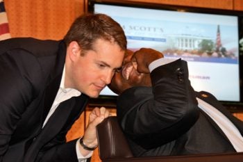 Nick Muzin, left, consulting with then-Rep. Tim Scott at a forum in Charleston, S.C., hosted by Scott for Republican presidential candidates, August 2011. (Photo by Kay Fekete, courtesy of Nick Muzin)