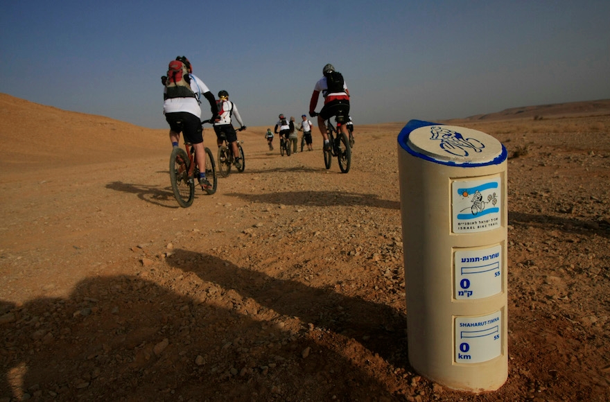 Bikers ride a new trail in Israel's Negev desert, near Mitzpe Ramon. (Shay Gliterman) 