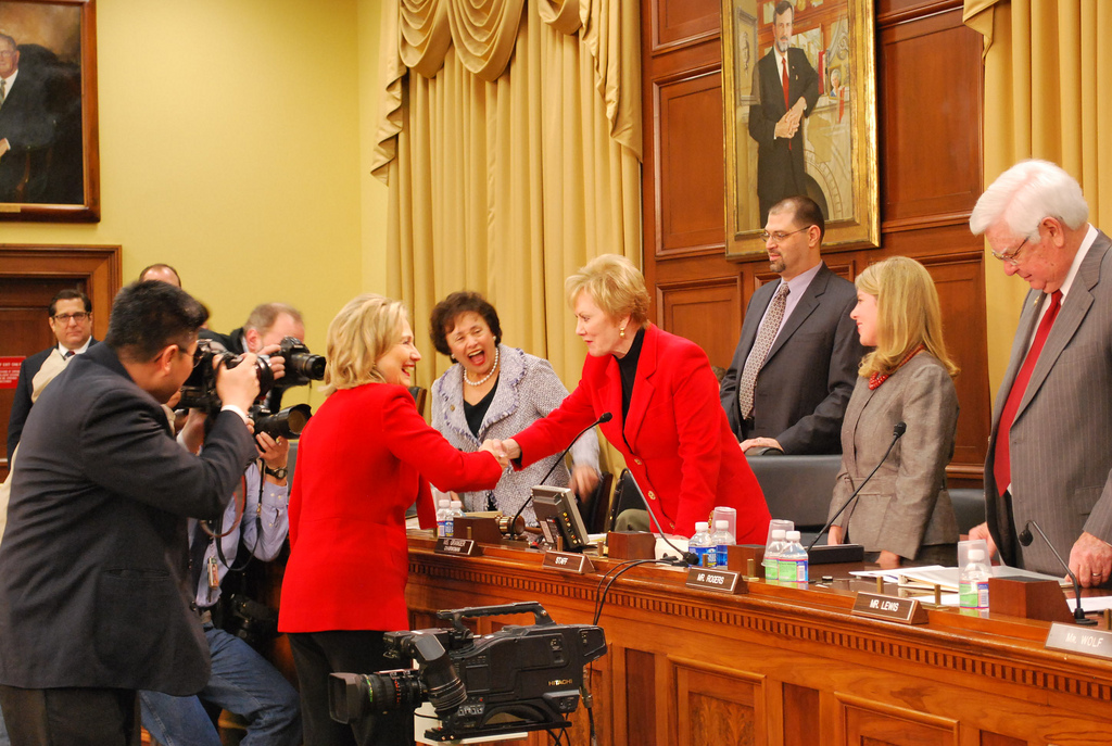 Rep. Kay Granger, the chairwoman of the foreign operations subcommittee of the House Appropriations Committee, greets U.S. Secretary of State Hillary Rodham Clinton at a subcommittee hearing while Rep. Nita Lowey, the subcommittee's senior Democrat, looks on, March 11, 2011.  (Courtesy office of Rep. Kay Granger)