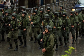 Members of the Palestinian security forces marching through the West Bank city of Ramallah as part of a training session, Dec. 18, 2009. (Issam Rimawi / FLASH90 / JTA)