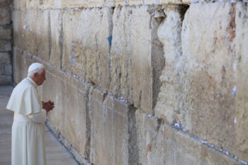 Pope Benedict XVI takes time for reflection at the Western Wall in Jerusalem's Old City on May 12, 2009. (Nati Shohat / Flash90 / JTA)