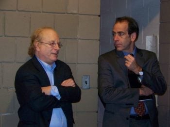 David Twersky, left, and his successor at the New Jersey Jewish News, Andrew Silow-Carroll, co-host a presidential surrogates debate on Nov. 2, 2008, at Temple B'nai Or in Morristown, N.J. (Courtesy of the New Jersey Jewish News)