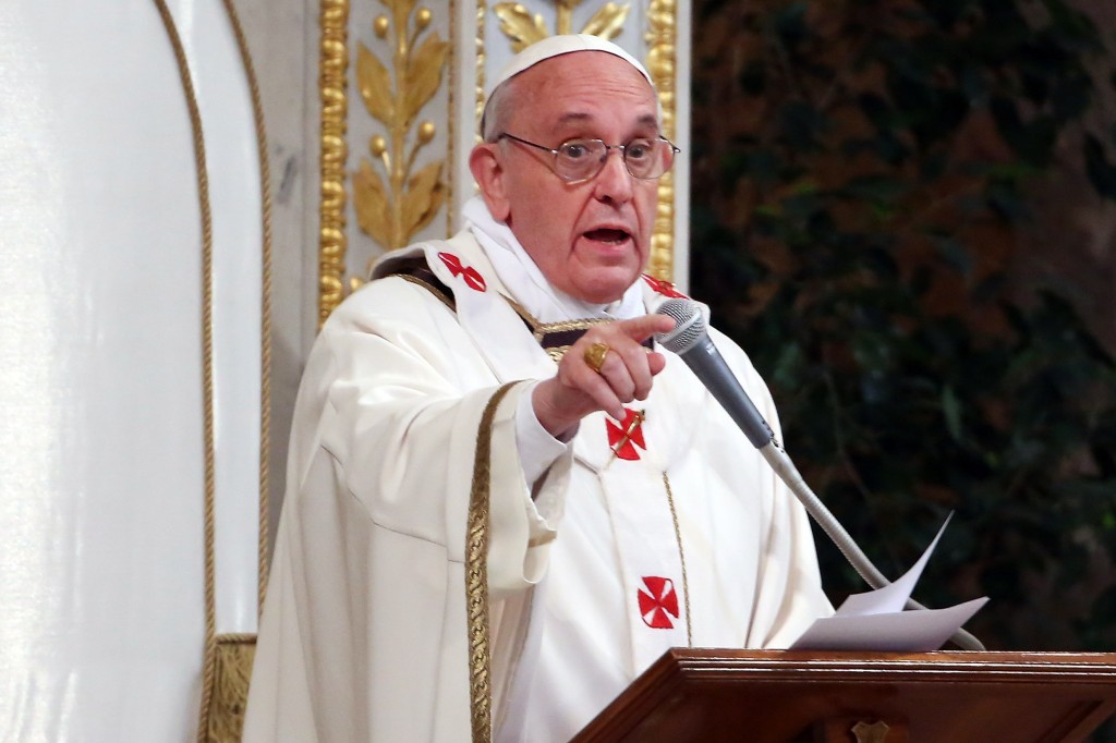 Pope Francis I speaking during a Mass in the Papal Basilica of St. Paul  in Vatican City, Vatican, April 2013. (Franco Origlia/Getty)