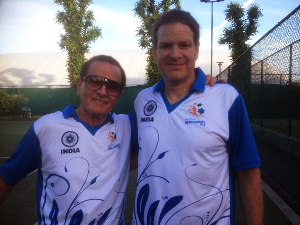 Sam Marshall, competing for India, left, and his son Yosi, competing for England, formed a doubles team at the 19th Maccabiah Games. (Courtesy Sam Marshall)