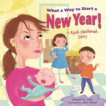 In “What a Way to Start a New Year!” a family moving into a new neighborhood shares a Rosh Hashanah meal with some new friends. (Courtesy Kar-Ben Publishing)