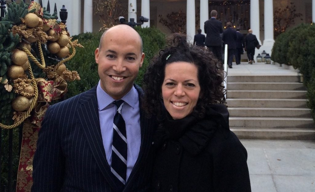 Stosh Cotler, at right, is taking over as CEO of Bend the Arc from Alan van Capelle, at left. They are pictured outside of the White House. (Courtesy of Bend he Arc)