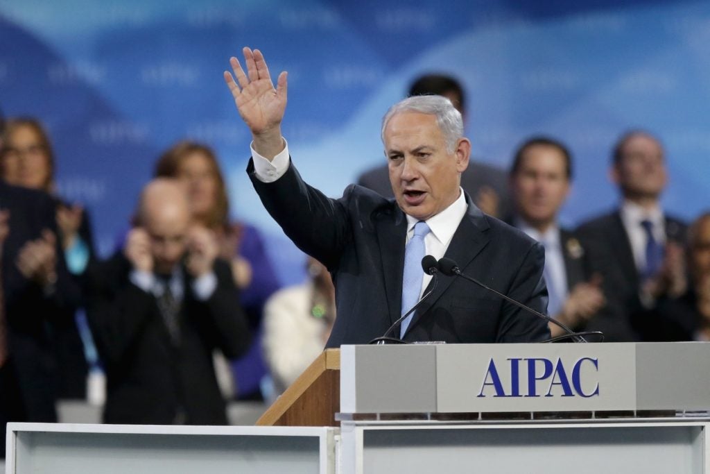 Israeli Prime Minister Benjamin Netanyahu addresses the American Israel Public Affairs Committee's Policy Conference in Washington. (Chip Somodevilla/Getty Images)