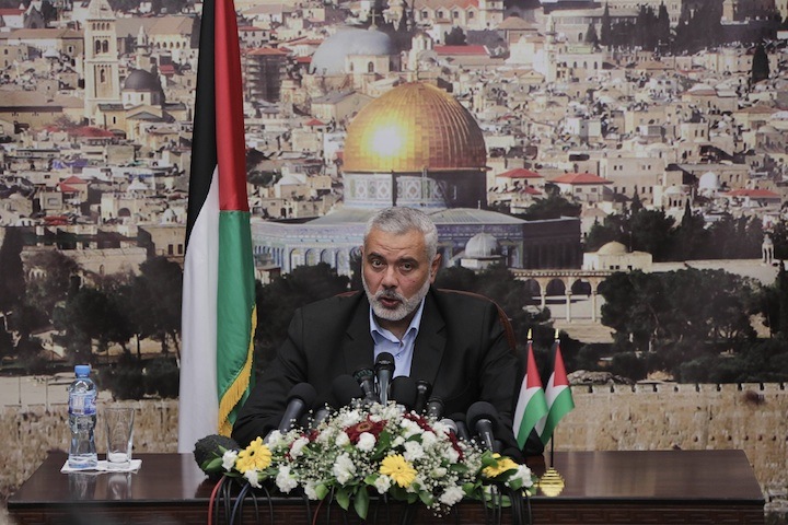 Ismail Haniyeh of Hamas delivers his farewell speech as prime minister of the Hamas-run government in Gaza, a position he stepped down from under the new Palestinian unity agreement, June 2, 2014. (Wissam Nassar/Flash90)