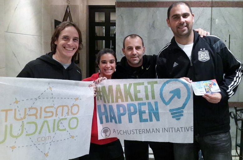 Left to right, Mariano Schlez and Paola Salem, with Damian Beker and Maxi Klein, organized efforts to bring together Jewish soccer fans at the World Cup's seven sites in Brazil. (Courtesy Paola Salem)