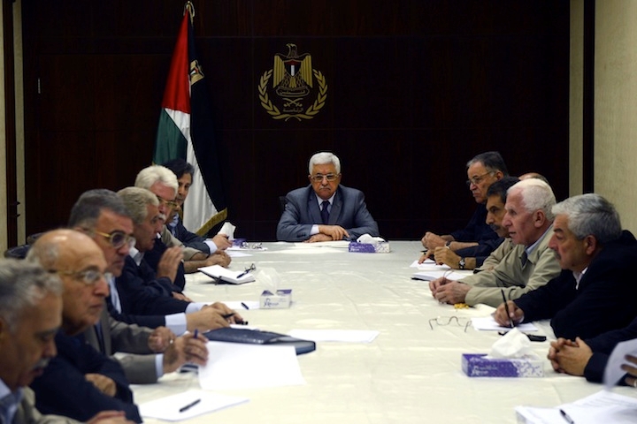 Palestinian Authority President Mahmoud Abbas meets with the central committee of the Fatah movement in Ramallah, West Bank, July 13, 2014. (Thaer Ghanaim/Palestinian Press Office via Getty Images)