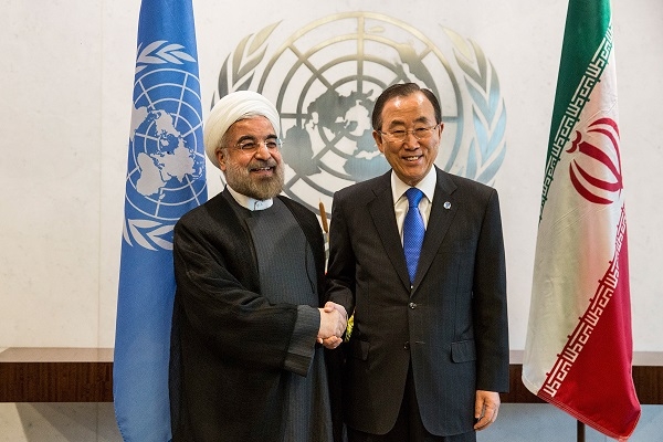 Iranian President Hassan Rouhani, left, meeting with U.N. Secretary General Ban Ki-moon on the sidelines of the U.N. General Assembly on Sept. 26, 2013. (Andrew Burton/Getty Images)