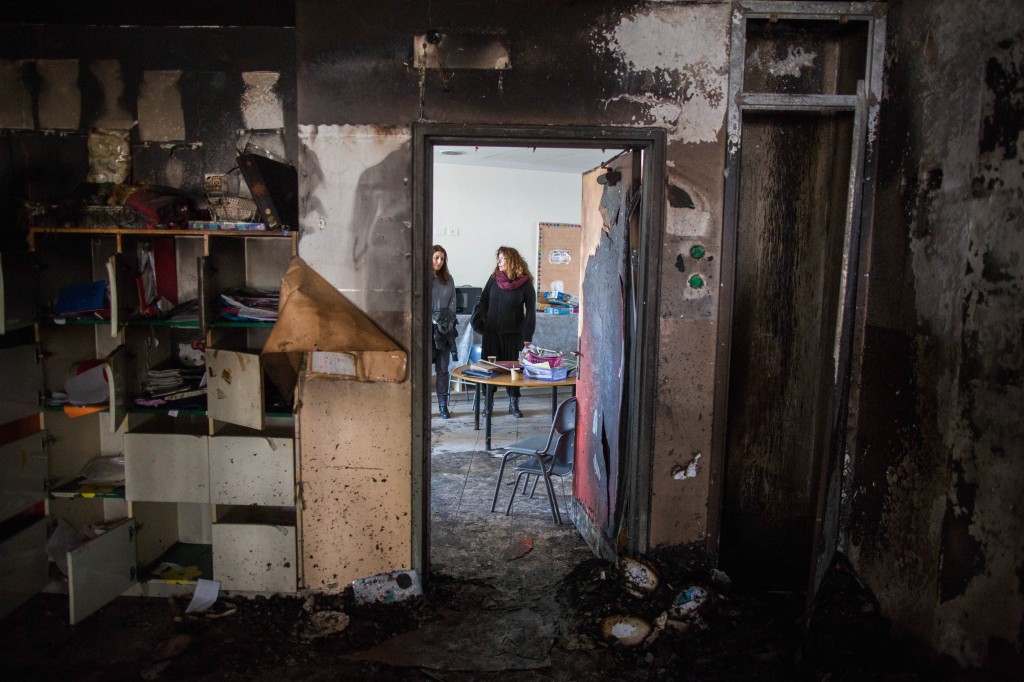 Inside an Arab-Jewish school in Jerusalem that was vandalized over the weekend, Nov. 30, 2014. Some opponents of the nation-state law cite the recent proliferation of attacks on minorities in Israel as evidence that democracy, rather than Jewishness, needs attention. (Yonatan Sindel/Flash90)