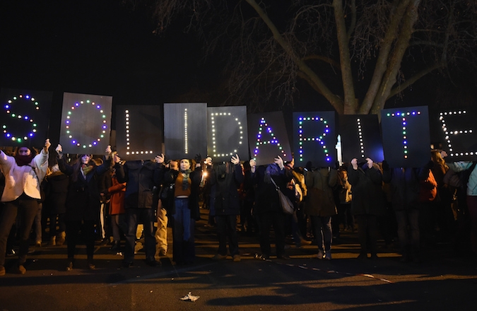 People gather at Place de la Nation, following a mass unity rally following the recent terrorist attacks on Jan. 11, 2015 in Paris, France. (Jeff J Mitchell/Getty Images)