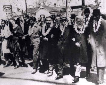 Rabbi Abraham Joshua Heschel (second from right), marches at Selma with Rev. Martin Luther King, Jr., Ralph Bunche, Rep. John Lewis, Rev. Fred Shuttlesworth and Rev. C.T. Vivian. (Courtesy of Susannah Heschel)