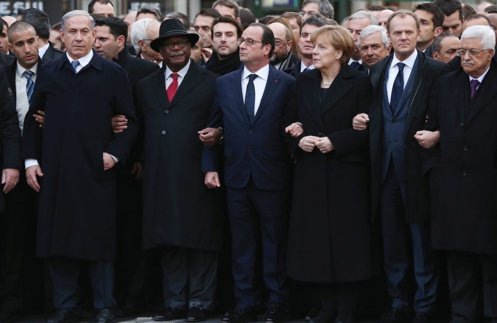 Israeli Prime Minister Benjamin Netanyahu, far left, was among the dozens of world leaders who gathered for a unity march in Paris, Jan. 11, 2015. (Dan Kitwood/Getty Images)
