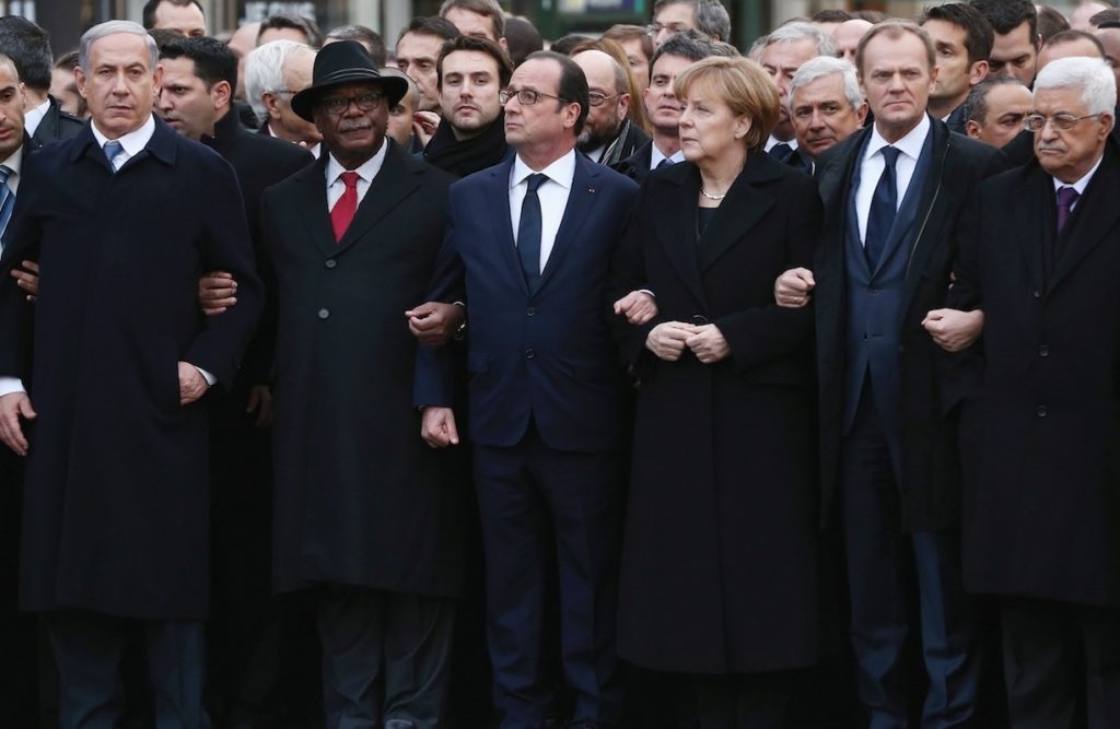 Israeli Prime Minister Benjamin Netanyahu, far left, was among the dozens of world leaders who gathered for a unity march in Paris, Jan. 11, 2015. (Dan Kitwood/Getty Images)